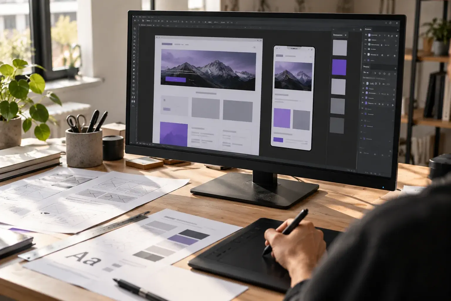 Blick über die Schulter auf einen Monitor mit einem Website-Entwurf in einem Gestaltungsprogramm, daneben die Ansicht für das Smartphone. Eine Hand zeichnet mit einem Stift auf einem Grafiktablett, auf dem Tisch liegen ausgedruckte Entwürfe.