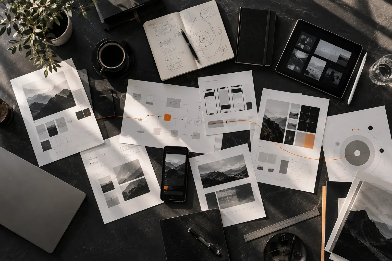 Aufsicht auf einen Tisch mit Strategiematerial: ausgedruckte Wireframes, ein Ablaufdiagramm, ein Skizzenbuch, ein Tablet und ein Smartphone, verbunden durch eine dünne orangefarbene Linie.