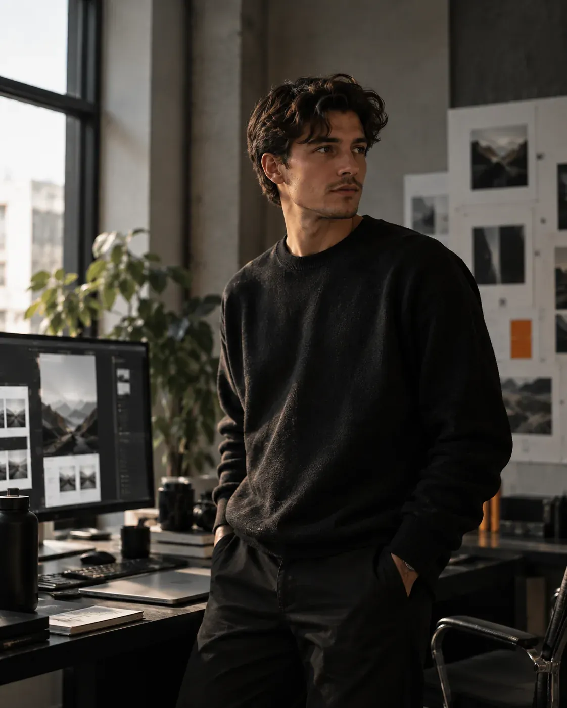 Porträt einer Person in einem Studio, seitlich zum Fenster stehend, den Blick von der Kamera abgewandt. Im Hintergrund unscharf ein Monitor und aufgehängte Entwürfe.