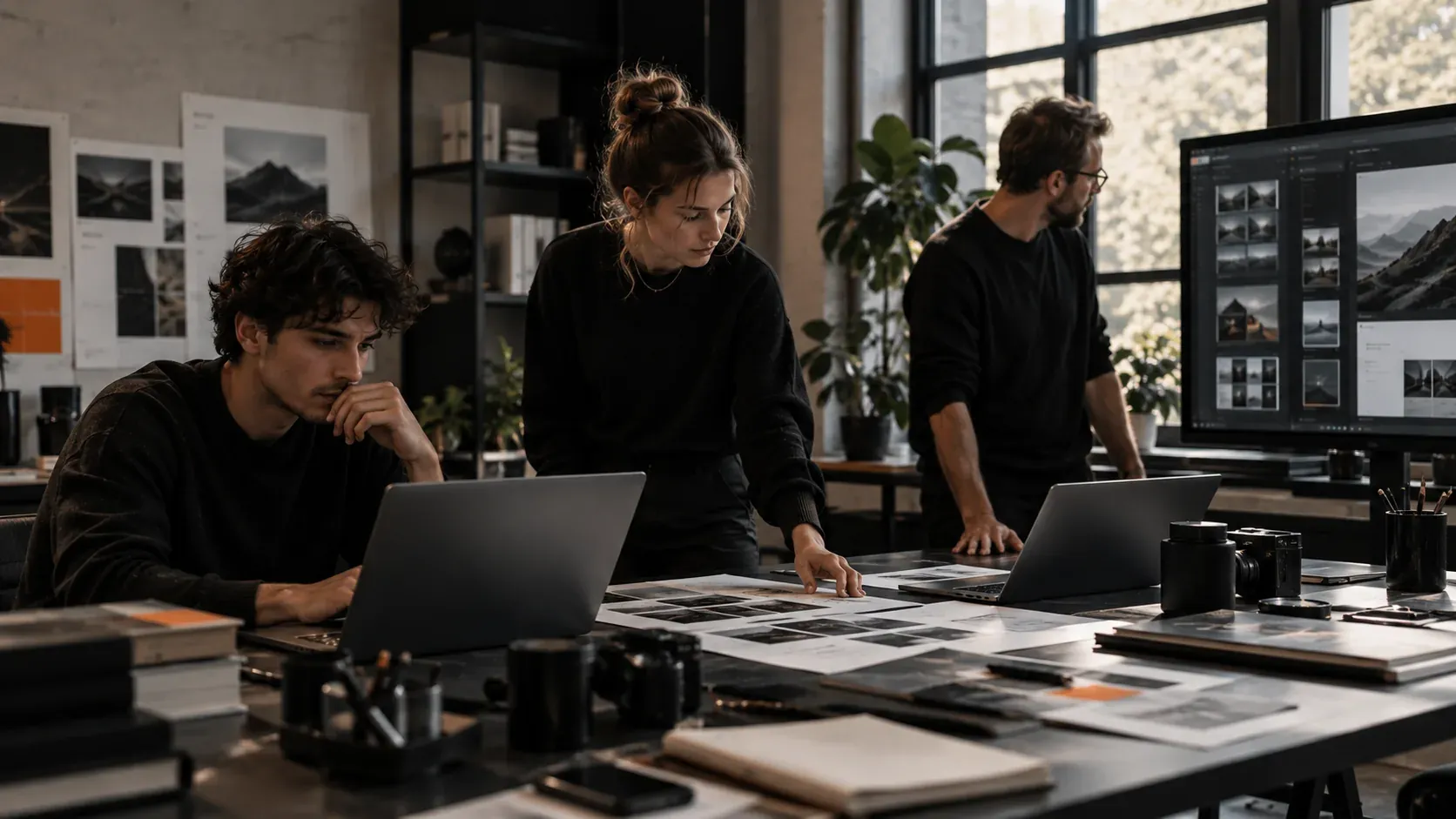 Drei Personen arbeiten an einem großen Tisch: eine sitzt am Laptop, eine steht darüber gebeugt und deutet auf ausgedruckte Layouts, eine dritte betrachtet einen Monitor.