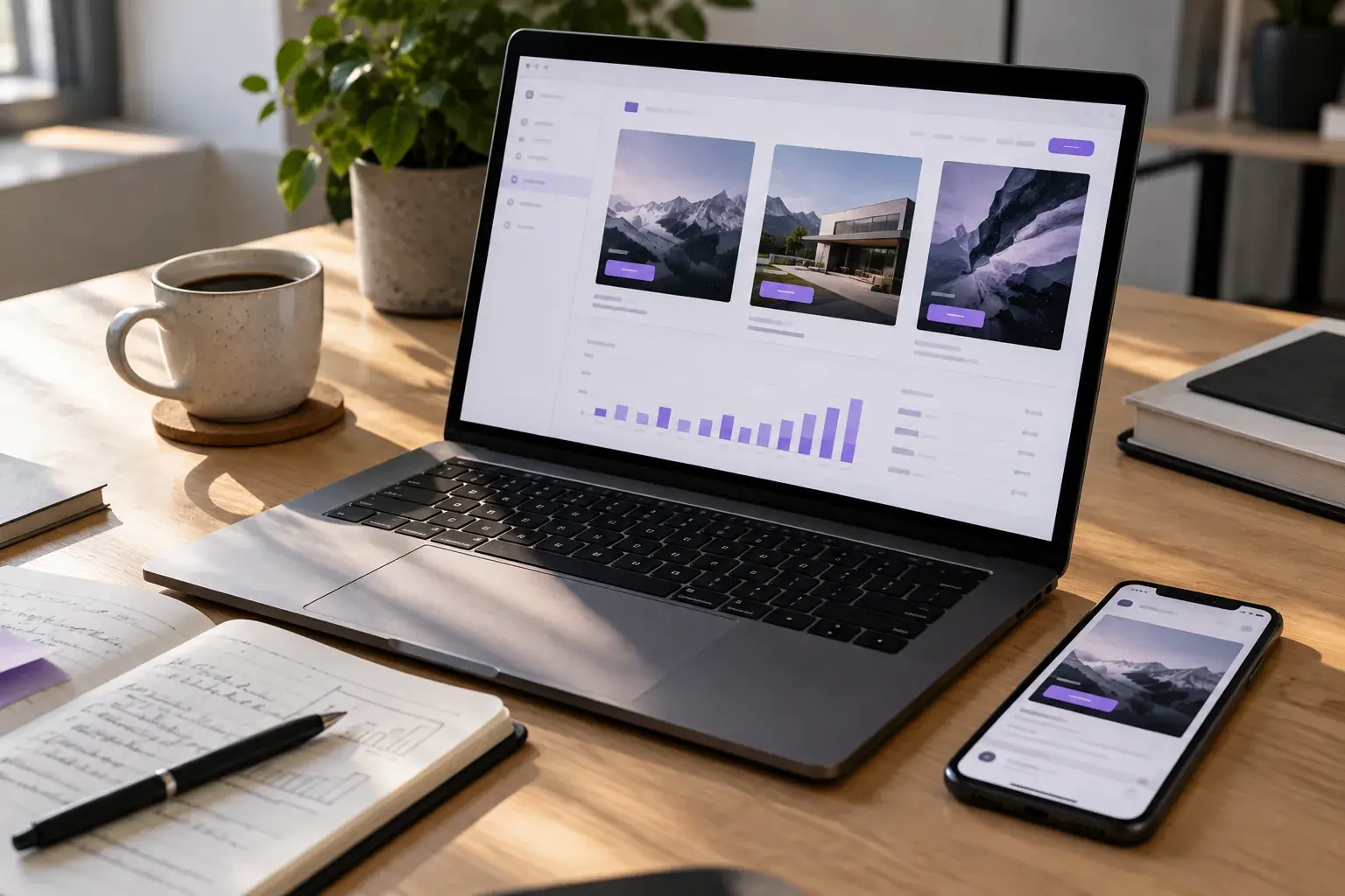 Laptop mit einer Kampagnenübersicht: drei Anzeigenentwürfe nebeneinander und darunter ein Balkendiagramm. Daneben liegen ein Smartphone mit einer der Anzeigen, ein Notizbuch und eine Kaffeetasse.