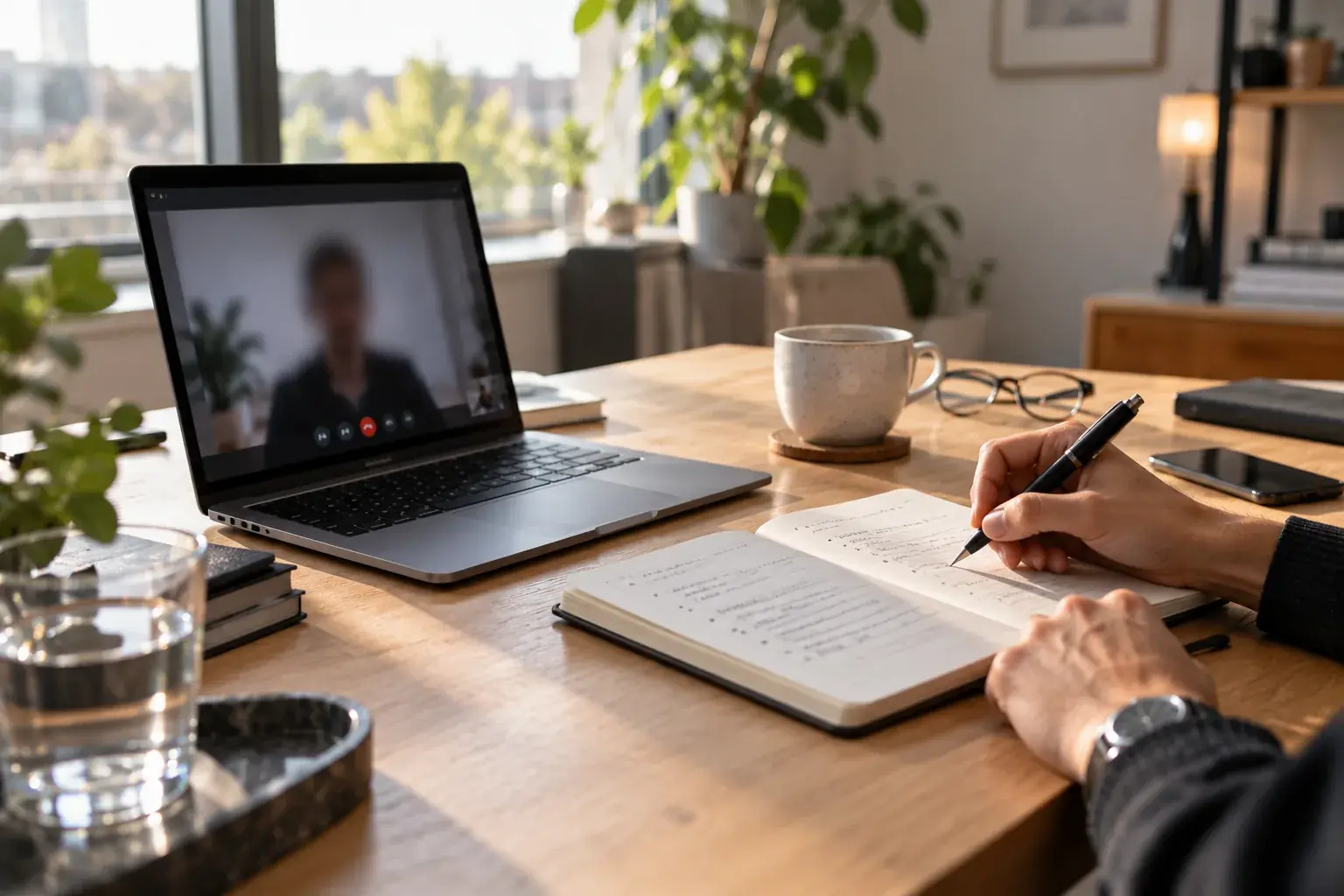 Schreibtisch während eines Videogesprächs: Auf dem Laptop ist eine unscharfe Person im Gespräch zu sehen, im Vordergrund schreibt eine Hand Notizen in ein aufgeschlagenes Buch. Daneben stehen eine Kaffeetasse und ein Glas Wasser.