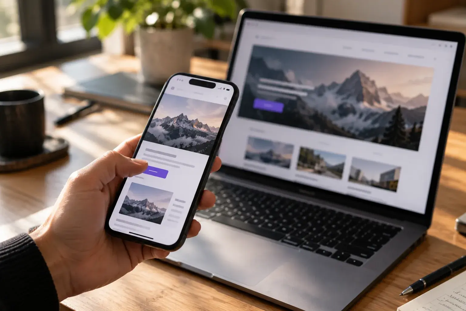 Eine Hand hält ein Smartphone mit einer Website, im Hintergrund zeigt ein Laptop dieselbe Website in der breiten Ansicht.